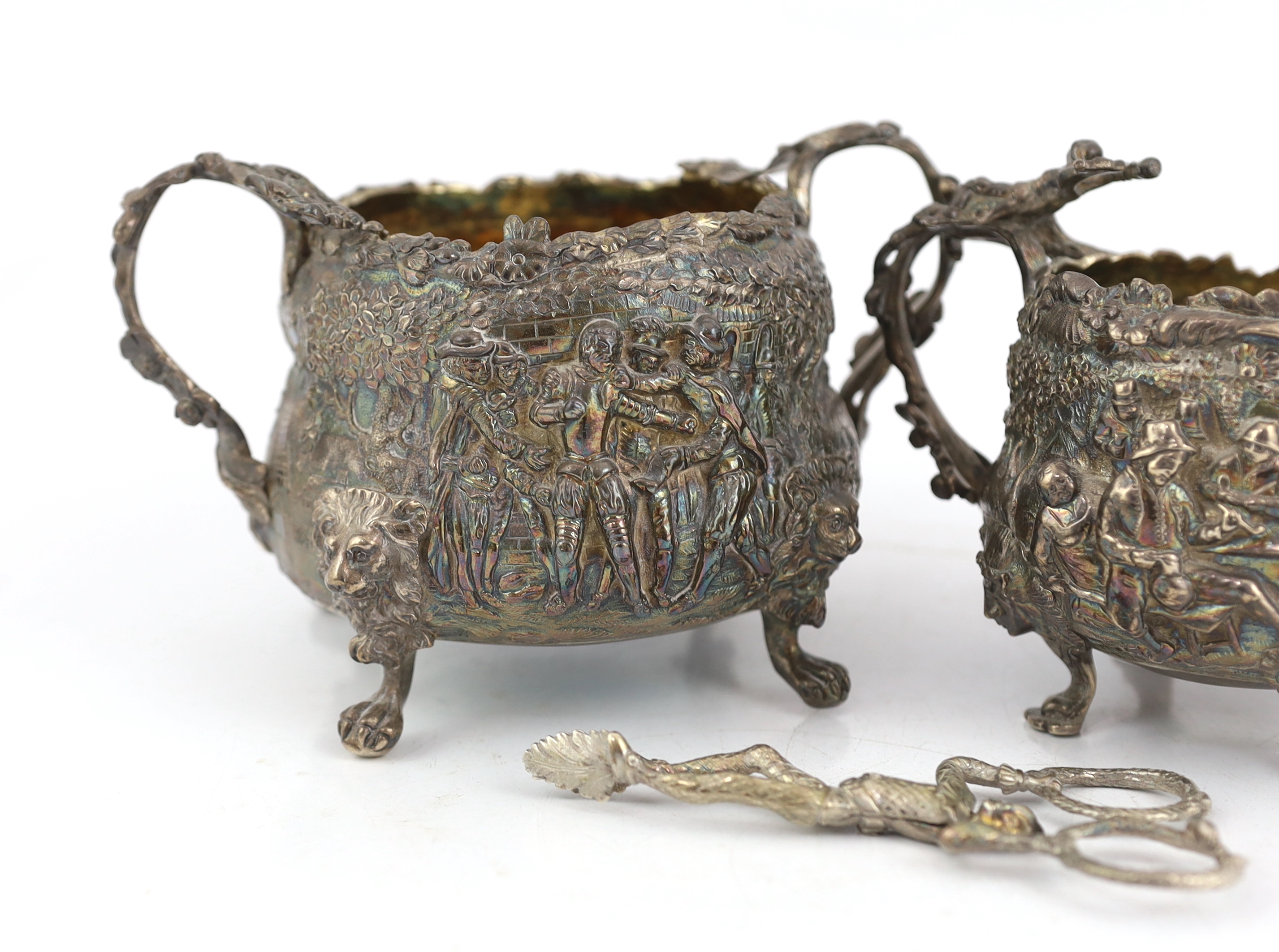 A George IV embossed silver sugar bowl and cream jug by Edward Farrell